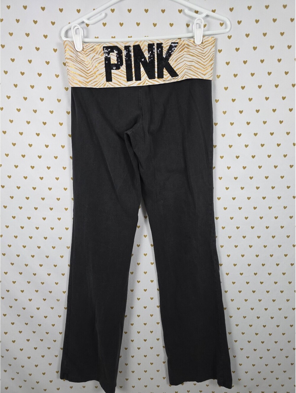 Victoria's Secret PINK Foldover Yoga Pants Gold Zebra Sequin Bling HTF Flare M
